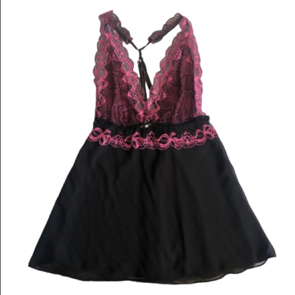 Seductive Wear By Cinema Black & Pink Lace Baby Doll Nightie Size Medium
